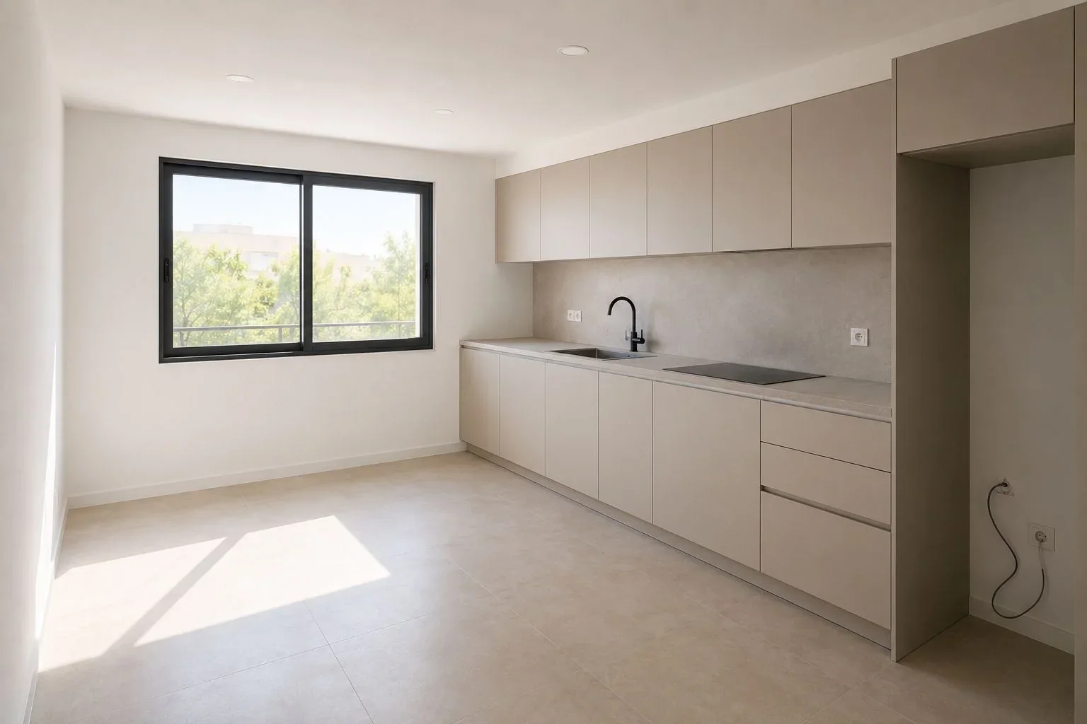 Cocina clara reformada con ventana y mobiliario a medida