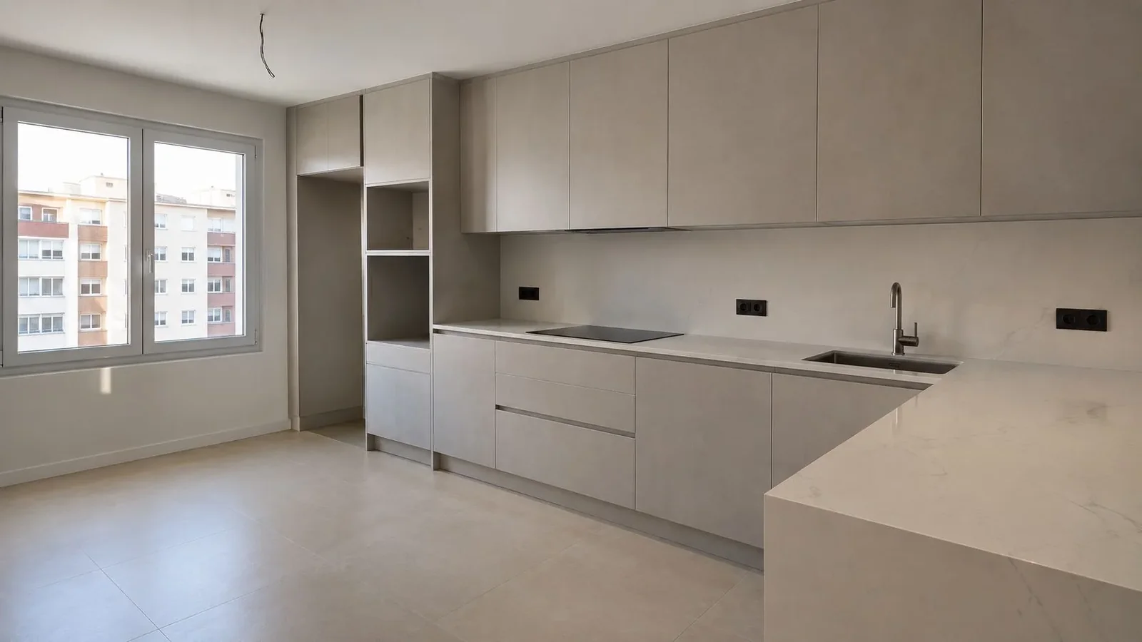 Cocina reformada con acabados en madera y encimera clara